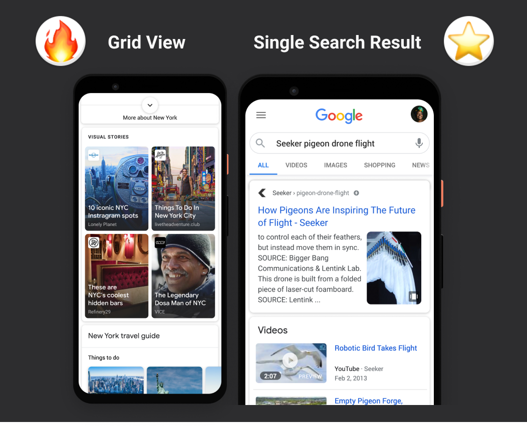 Google Web Stories are highlighted in Grid View and as a single search result. Apart from Google Discover. 
